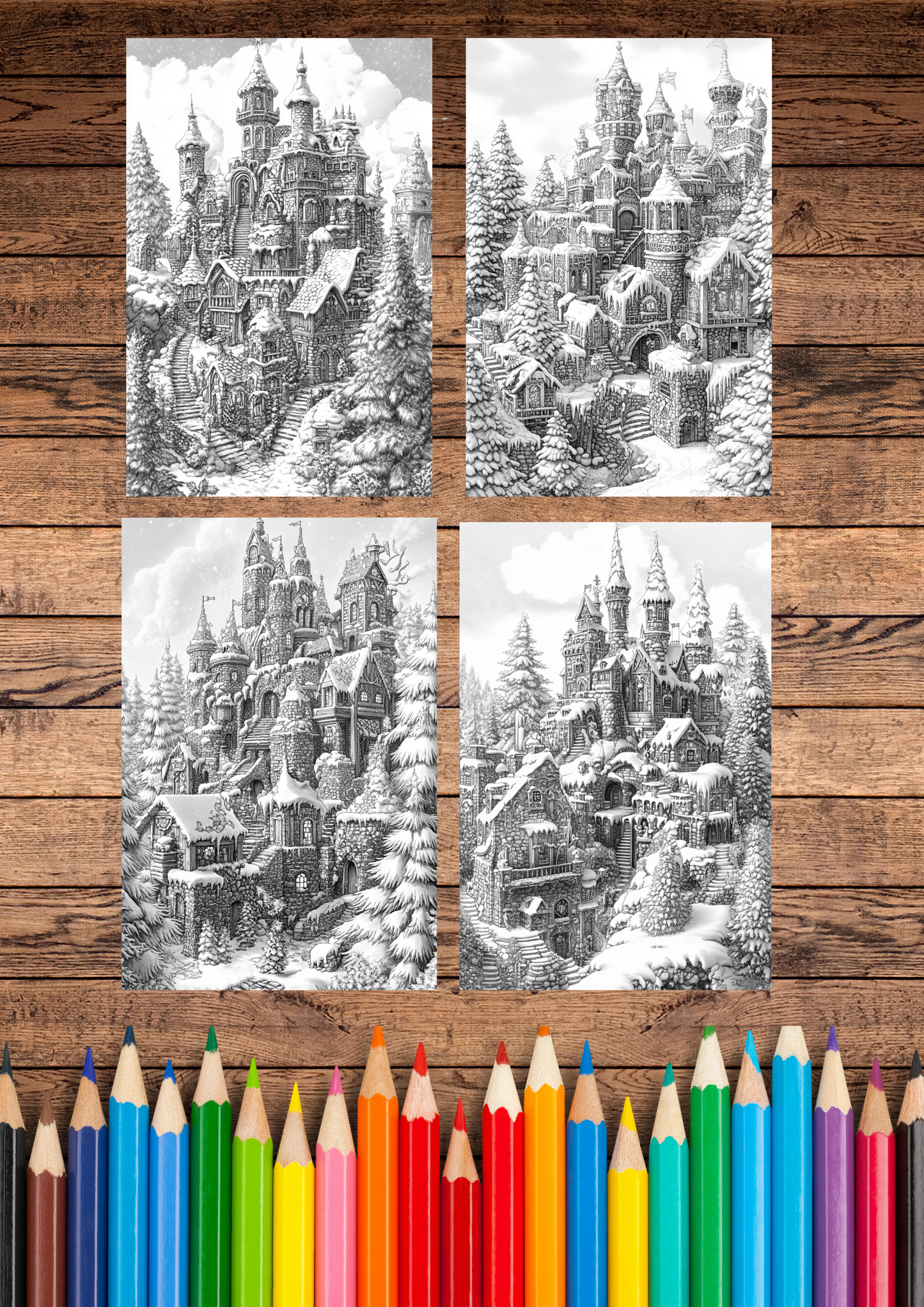 40 Christmas Enchanted Dwarf Cities, Christmas Coloring Pages, Adults Coloring Pages, Greyscale