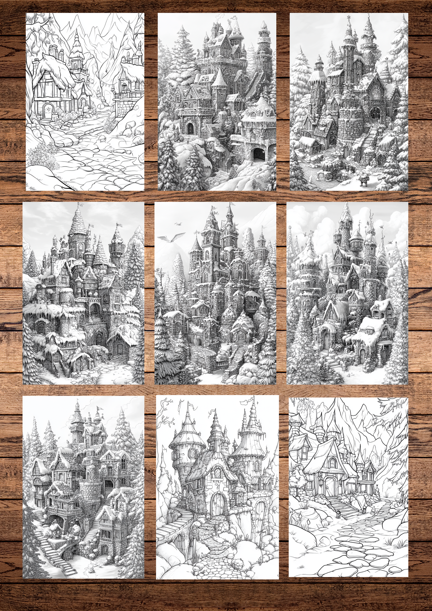 40 Christmas Enchanted Dwarf Cities, Christmas Coloring Pages, Adults Coloring Pages, Greyscale