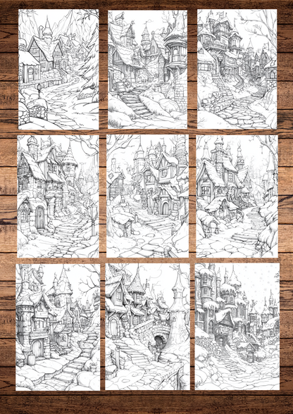 40 Christmas Enchanted Dwarf Cities, Christmas Coloring Pages, Adults Coloring Pages, Greyscale