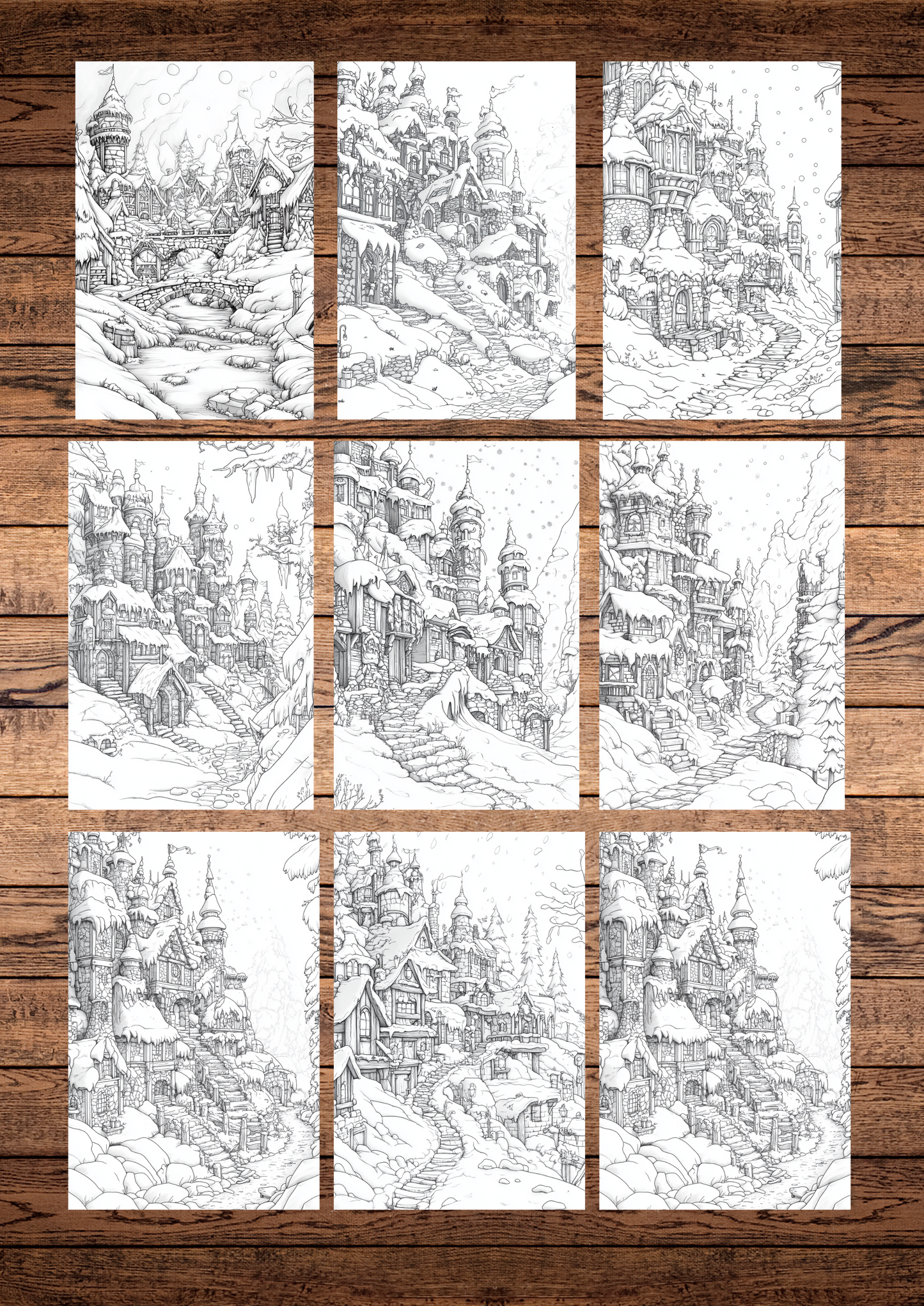 40 Christmas Enchanted Dwarf Cities, Christmas Coloring Pages, Adults Coloring Pages, Greyscale