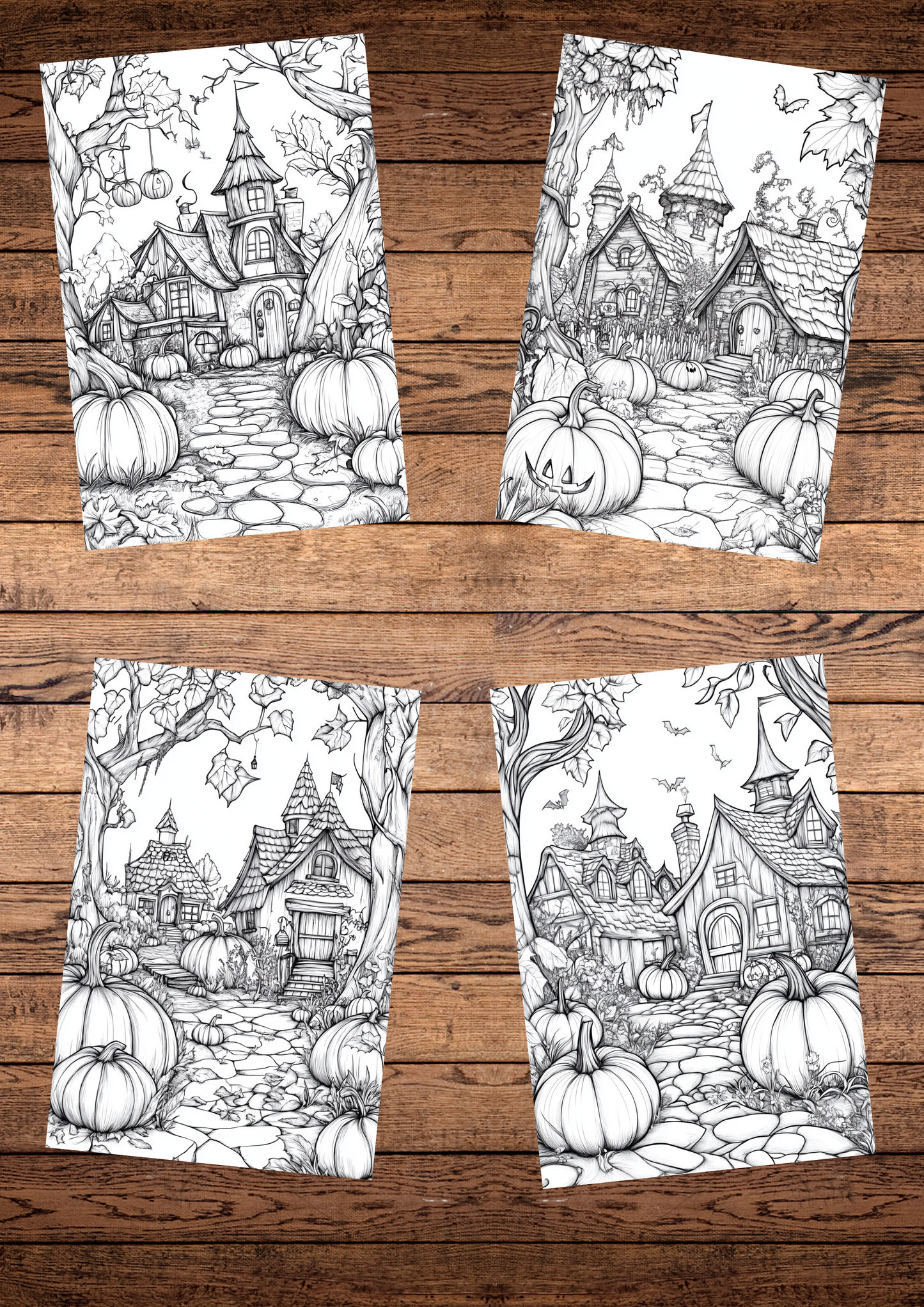 42 Pumpkin Villages, Halloween Coloring Pages, Adults & For Kids, Instant Download, Greyscale, Printable Coloring Pages