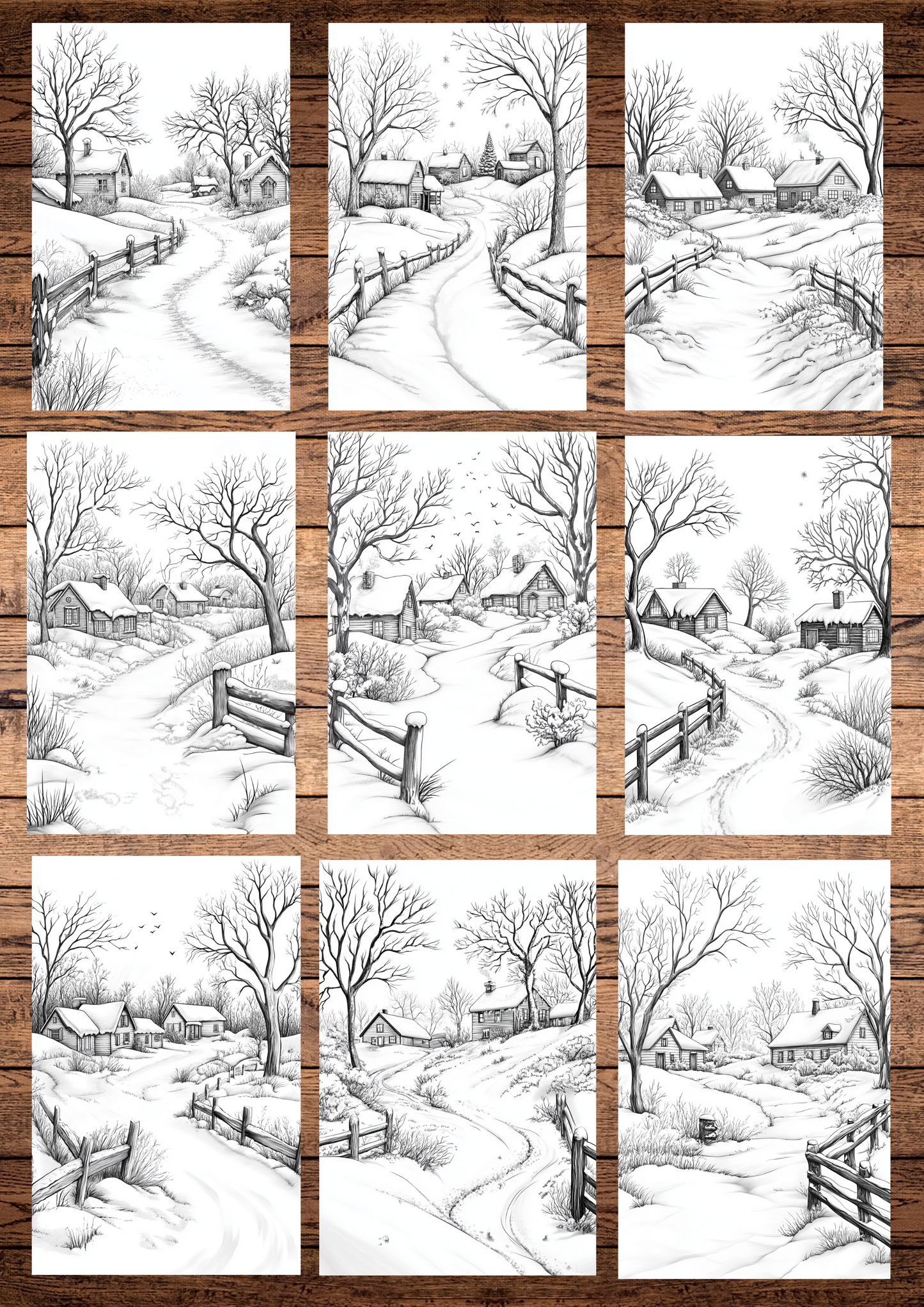 40 Frosty & Icy Winter Villages, Winter Coloring Pages, Adults Coloring, Instant Download, Greyscale, Printable Coloring Pages