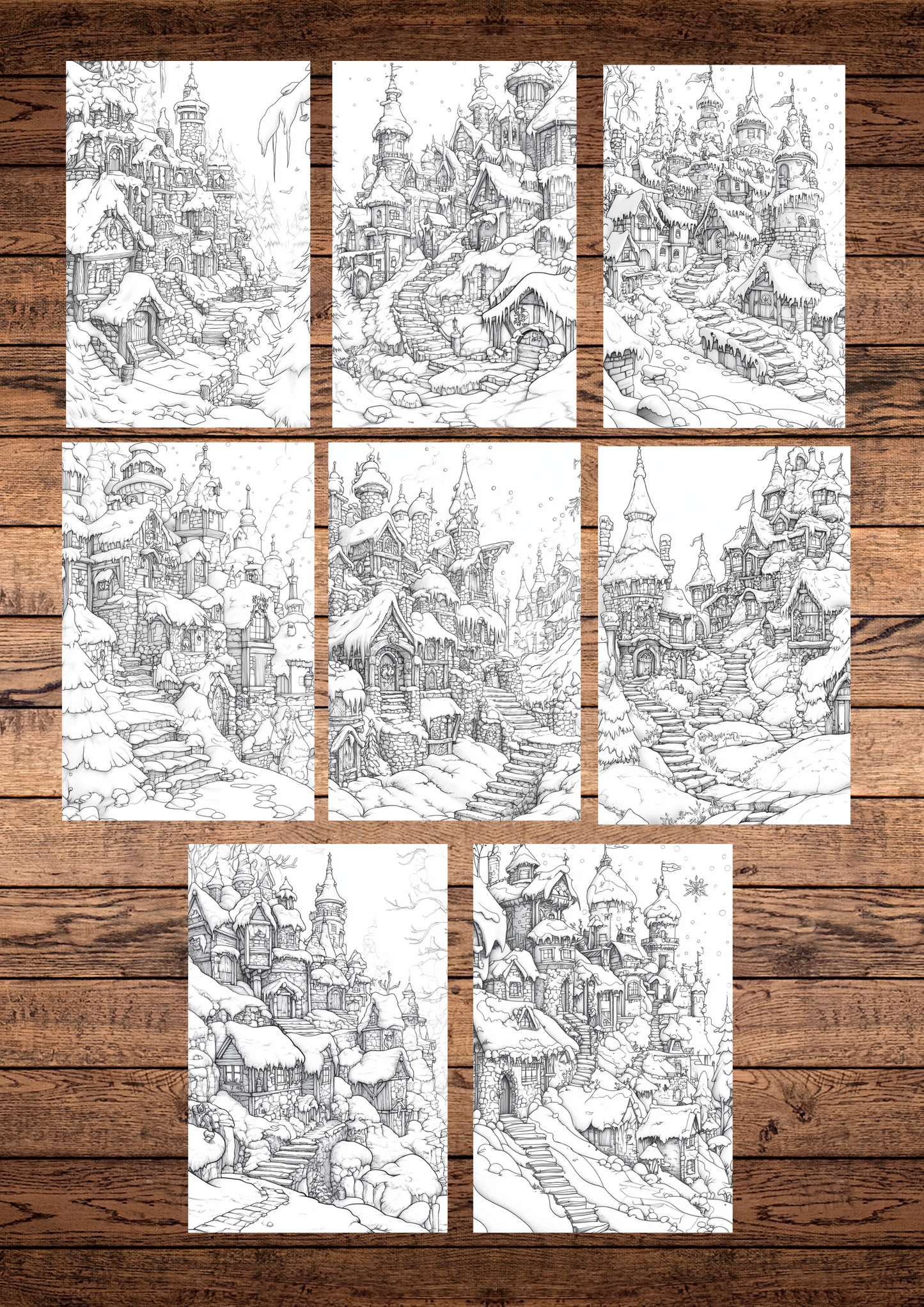 40 Christmas Enchanted Dwarf Cities, Christmas Coloring Pages, Adults Coloring Pages, Greyscale