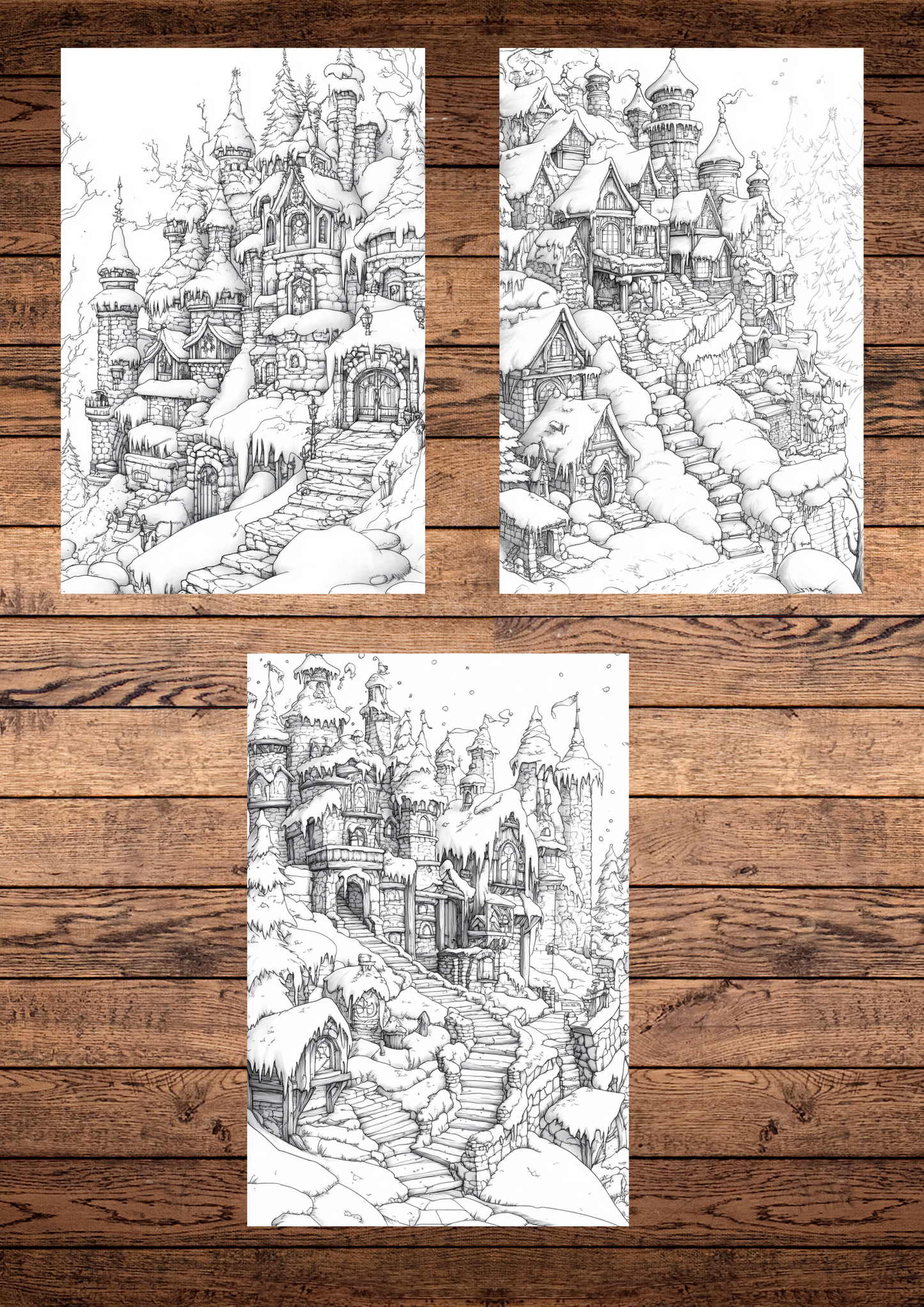 40 Christmas Enchanted Dwarf Cities, Christmas Coloring Pages, Adults Coloring Pages, Greyscale