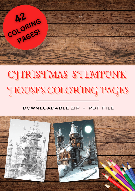 42 Christmas Winter Stempunk Houses Coloring Pages, Adults + Kids Coloring Pages, Greyscale/Cartoon Style, Instant Download