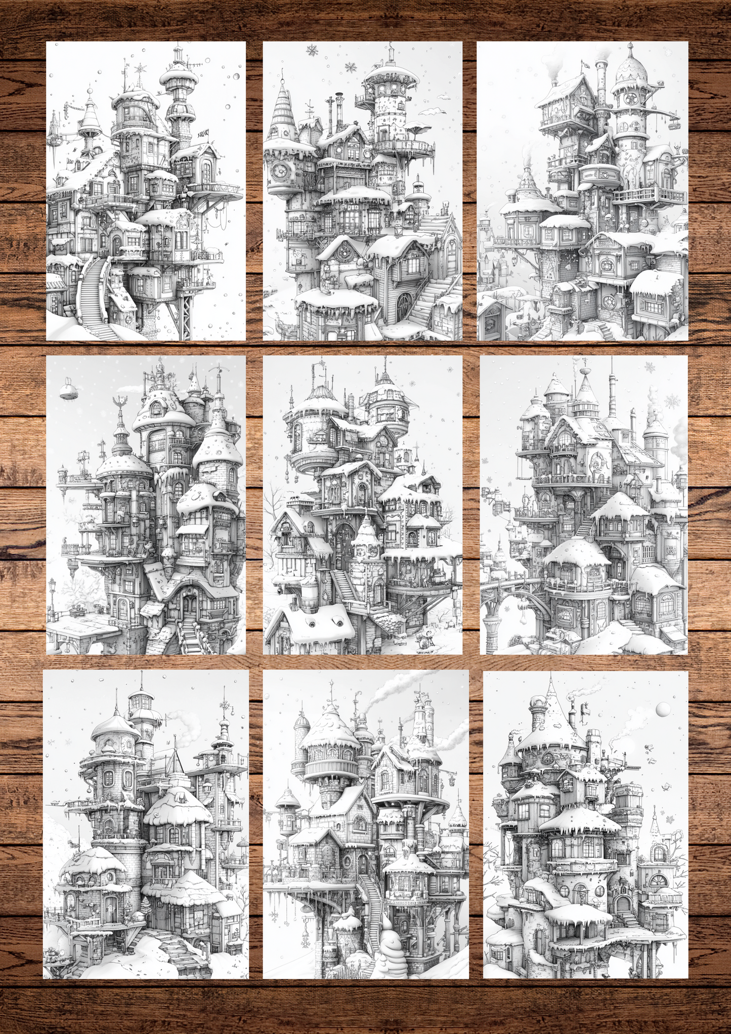 42 Christmas Winter Stempunk Houses Coloring Pages, Adults + Kids Coloring Pages, Greyscale/Cartoon Style, Instant Download