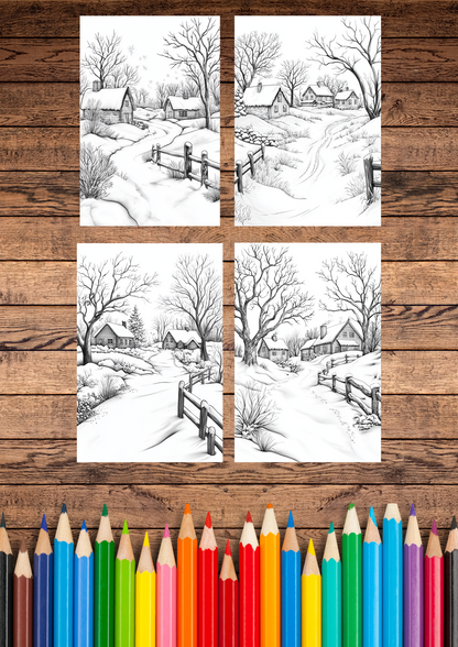 40 Frosty & Icy Winter Villages, Winter Coloring Pages, Adults Coloring, Instant Download, Greyscale, Printable Coloring Pages