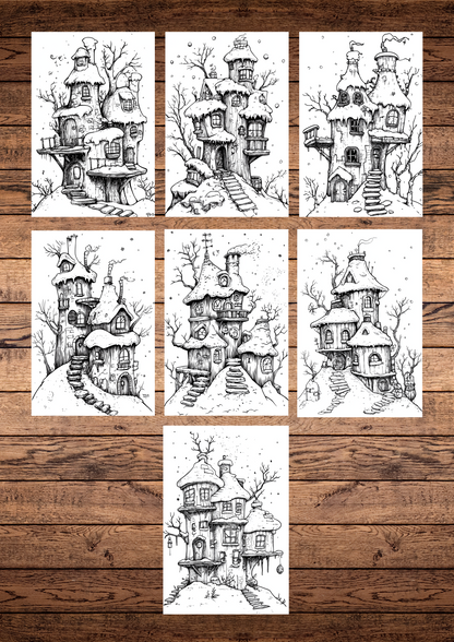 42 Christmas Winter Stempunk Houses Coloring Pages, Adults + Kids Coloring Pages, Greyscale/Cartoon Style, Instant Download