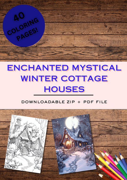 40 Enchanted Mystical Winter Cottage Houses, Winter Coloring Pages, Adults Coloring, Instant Download, Greyscale, Printable Coloring Pages