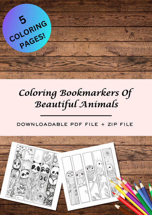 Five DIY coloring bookmarks, printable bookmarks, fun activities, downloadable bookmarks for kids & adults to color, highest quality images, bookmarkers of kittens, puppies, birds & cartoonish animals