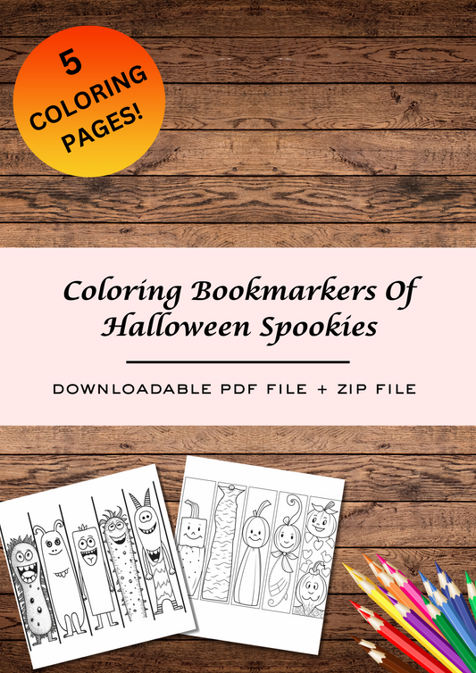Five DIY coloring bookmarks, printable bookmarks, downloadable bookmarks for kids to color, highest quality images, fun activities for Halloween, book markers of witch, silly monsters, pumpkin characters & more