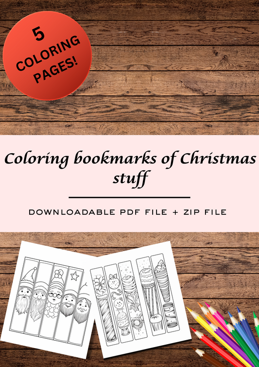 Five DIY coloring bookmark pages, printable bookmarks, downloadable bookmarks for kids & adults to color, highest quality images, fun activities for Christmas, book markers of santa, reindeers, Christmas trees & more