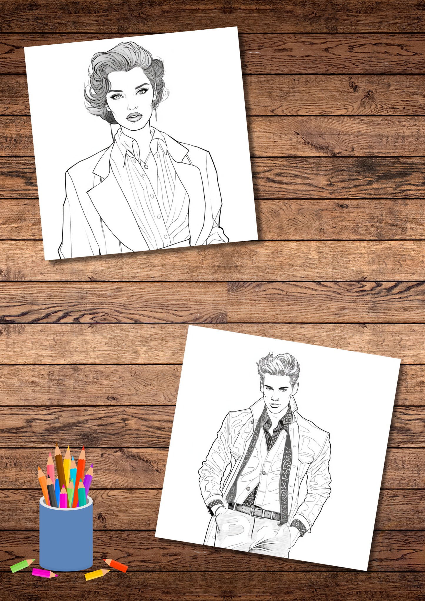 Digital fashion illustration coloring pages, highest quality pages, female & male characters to color or digital paint, fun activity, printable & downloadable coloring pages, stress relief coloring