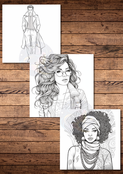 Digital fashion illustration coloring pages, highest quality pages, female & male characters to color or digital paint, fun activity, printable & downloadable coloring pages, stress relief coloring