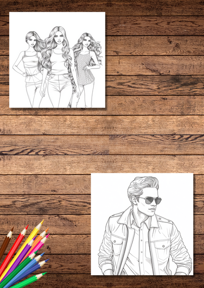 Digital fashion illustration coloring pages, highest quality pages, female & male characters to color or digital paint, fun activity, printable & downloadable coloring pages, stress relief coloring