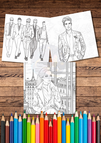 Digital fashion illustration coloring pages, highest quality pages, female & male characters to color or digital paint, fun activity, printable & downloadable coloring pages, stress relief coloring