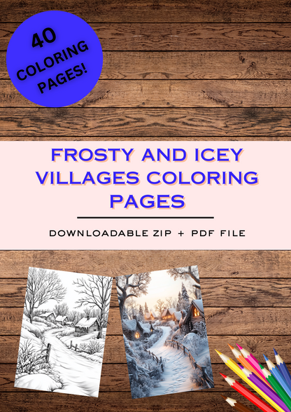 40 Frosty & Icy Winter Villages, Winter Coloring Pages, Adults Coloring, Instant Download, Greyscale, Printable Coloring Pages