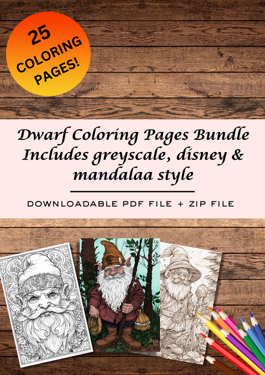 Dwarfs in the woods coloring pages bundle, 25 coloring pages, grey scale & other styles, printable coloring pages