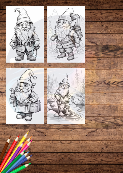 12 unique gnomes coloring pages, grey scale coloring pages, for adults & kids, fun games, printable coloring sheets