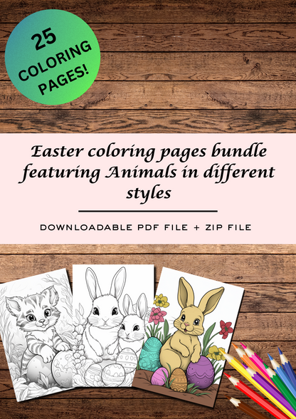 Easter coloring pages bundle, grey scale & Cartoon style, 25 coloring pages, printable & downloadable coloring pages