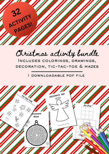 Christmas activity bundle, 32 pages of fun activities, printable pages, Christmas games, kids activities, downloadable pages