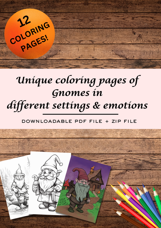 12 unique gnomes coloring pages, grey scale coloring pages, for adults & kids, fun games, printable coloring sheets