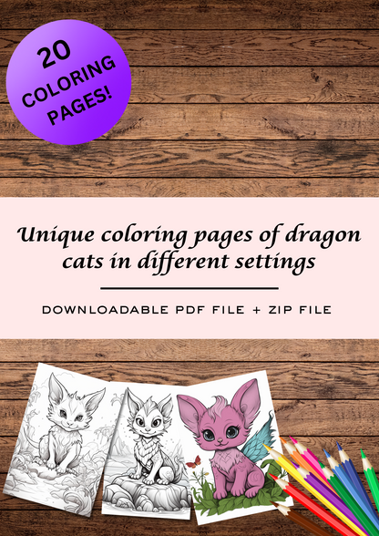 20 Dragon cats coloring pages, instant download grey scale coloring sheets, downloadable & printable coloring pages, fun for adults & kids, dragons coloring
