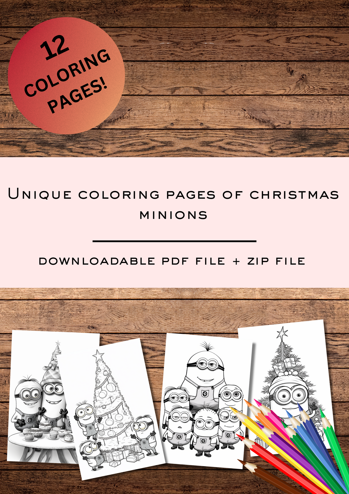 12 páginas para colorir de Minions de Natal para adultos e crianças, folhas para colorir em escala de cinza, jogos divertidos, páginas para colorir para imprimir, páginas para colorir em PDF para download