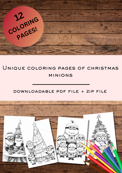 12 páginas para colorir de Minions de Natal para adultos e crianças, folhas para colorir em escala de cinza, jogos divertidos, páginas para colorir para imprimir, páginas para colorir em PDF para download