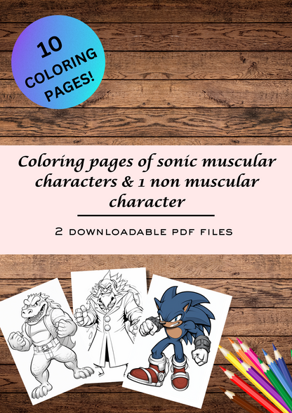 10 Coloring pages of sonic muscular characters for adults & kids, gray scale coloring sheets, fun games, printable coloring pages, downloadable PDF coloring pages