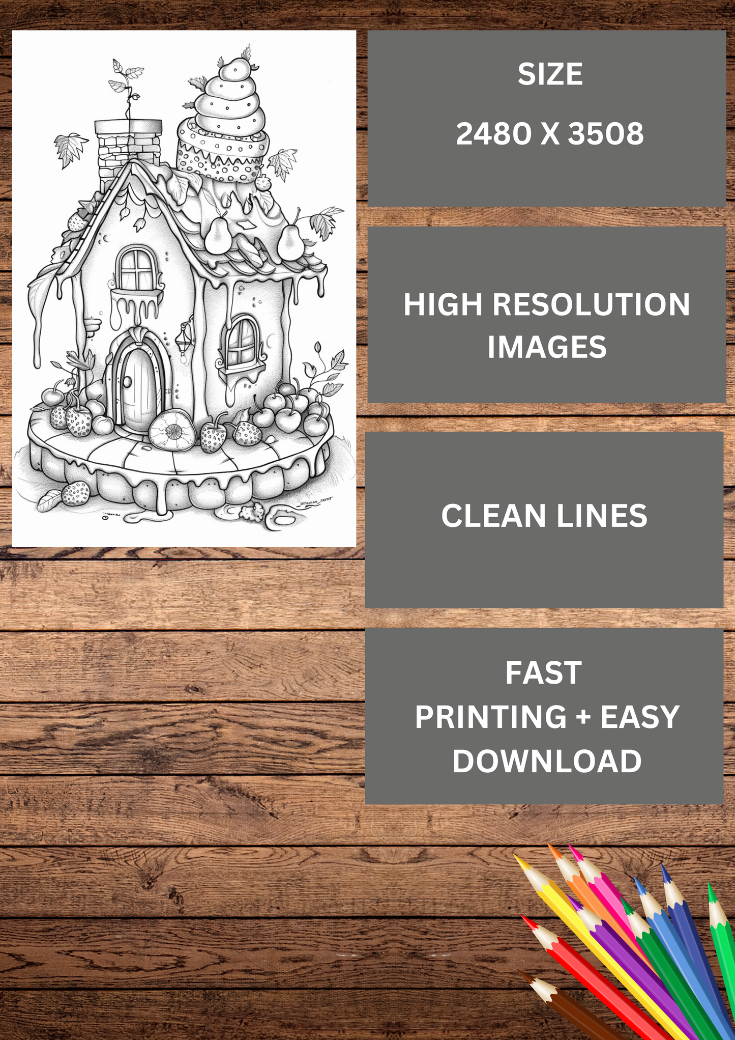 25 Beautiful Unique Cake Houses coloring pages, Adult & Kids, Instant Download, Greyscale, Printable Coloring Pages